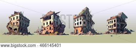 Set Of Cartoon Ruined Abandoned Houses And Car. Destroyed City Buildings After Earthquake Or War Des