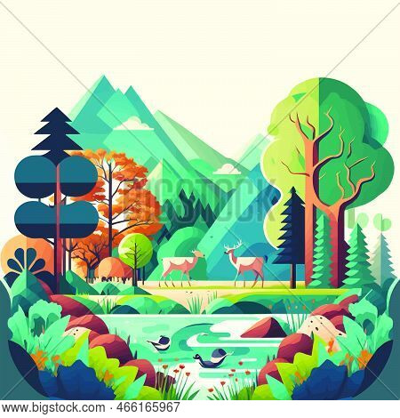 Nature Mountain Forest Jungle Landscape Background In Vector Flat Color