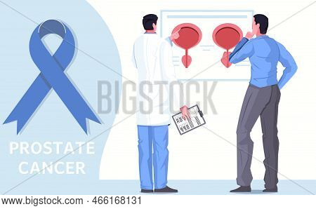Men Healthcare Flat Background With Prostate  Cancer Awareness Blue Ribbon Doctor And Patient Consid