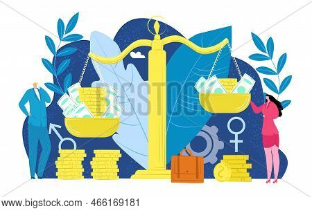 Gender Discrimination For Money, Male Female People At Business Work Vector Illustration. Sex Equili