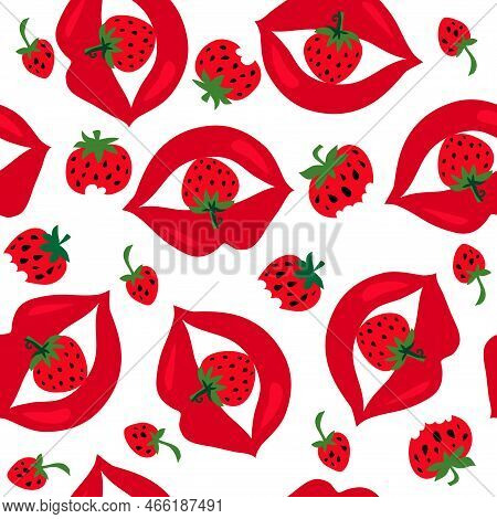 Woman's Mouth With Strawberry Modern  Seamless Pattern With  Pink And Red Lips, Strawberry For Summe