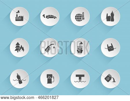 Pollution Vector Icons On Round Puffy Paper Circles With Transparent Shadows On Blue Background. Pol