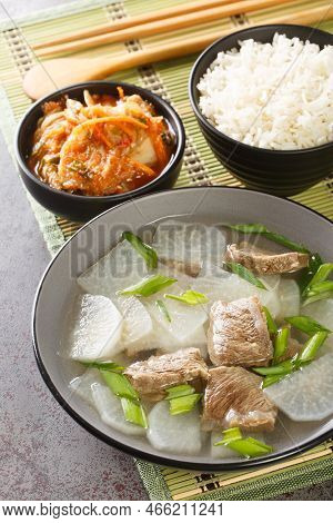 Soegogi Muguk Beef And Radish Soup Is A Very Popular Soup In Korea Served With Rice And Kimchi Close