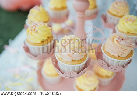 Baby Birthday. French Macaroons On A Cake Stand .candy Bar With Macaron, Cakes, Cheesecakes, Cake Po