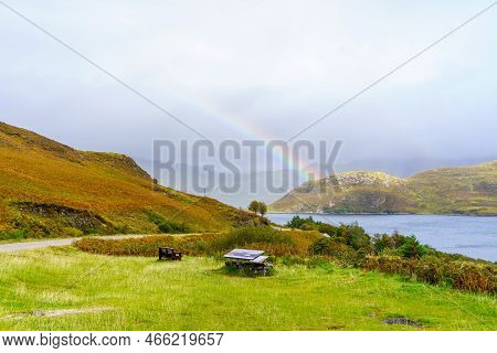 Lairg, Uk - October 02, 2022: View Of Coastal Landscape And A Rainbow In Newton, Northwest Highlands