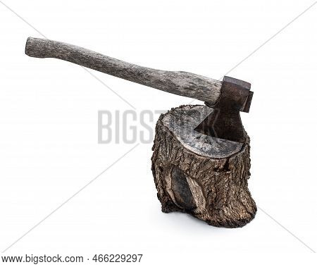An Old  Rusty Splitting Axe Stuck In Tree Stump Isolated On White