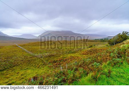 View Of Countryside And Mountain Landscape Along The Nc500 Route, In The Highlands, Scotland, Uk