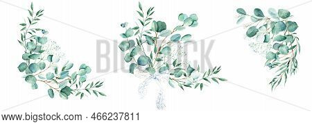 Watercolor Bouquets Set. Eucalyptus, Pistachio And Gypsophila Branches. Hand Drawn Botanical Illustr