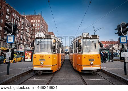 Budapest, Hungary - February 26, 2022: Budapest Tram, Or Called Villamos, Ganz Csmg, On A Stop In Pe