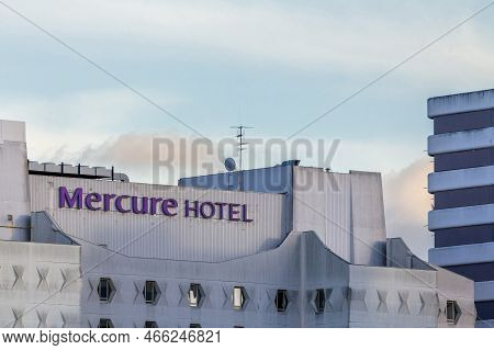 Budapest, Hungary - February 26, 2022: Mercure Hotel Logo On Their Main Hotel For Bordeaux. Mercure 