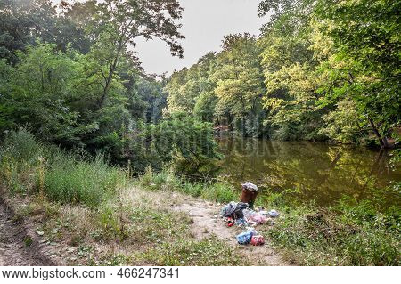 Panorama Of A Natural Environment Of Forest And Woods Polluted With Littering Of Plastic And Garbage