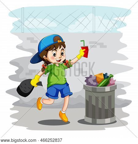 Cute Little Kid Throw Trash To Trash Bin. Cute Little Girl  Throwing Garbage In The Trash Bin. Littl