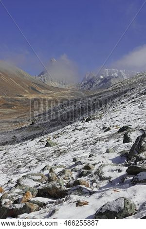 High Himalayan Alpine Yumesodong Valley Or Zero Point, Surrounded By Snowcapped Mountains In North S