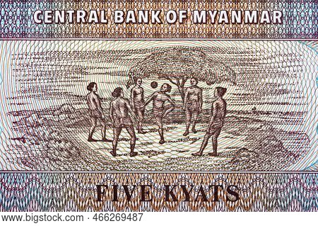 Chinlone Cane Ball Game From Myanmar Money - Kyat