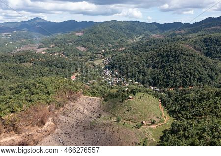 High Angle View Of A Northern Rural Village In The Valley Ban Thung Ton Ngio,  Mae Tuen, Omkoi Distr
