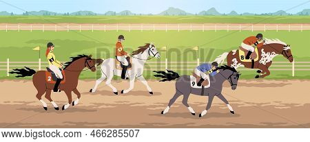 Equestrian Competitions. Horse Racing, Hippodrome Sport Tournament, Professional Jockeys Wearing Hel