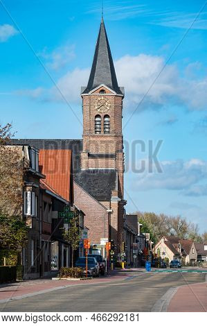 Aalst, Flemish Brabant, Belgium - 11 02 2022 - Church Tower And Square Of The Village