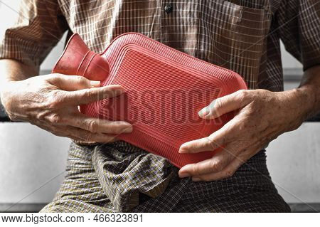 Asian Elder Man Suffering From Abdominal Pain. Caused By Stomach Ache, Enteritis, Colitis, Appendici