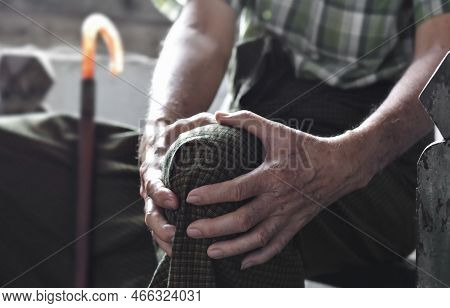 Knee Joint Pain In Asian Myanmar Elder Man. Concept Of Osteoarthritis, Rheumatoid Arthritis, Patella