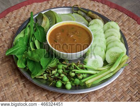 Myanmar Or Burmese Traditional Fish Preserve Sauce, Ngapi Yay And Fresh Boiled Vegetables.