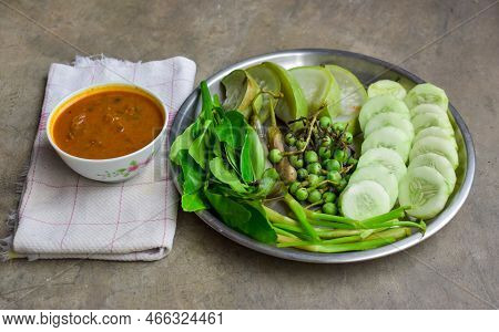 Myanmar Or Burmese Traditional Fish Preserve Sauce, Ngapi Yay And Fresh Boiled Vegetables.