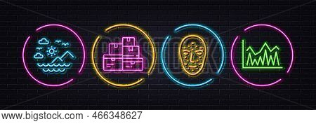 Sea Mountains, Wholesale Goods And Face Biometrics Minimal Line Icons. Neon Laser 3d Lights. Investm