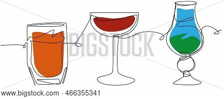 Multi-colored Cocktails With Glasses Of Different Shapes In One Line On A White Background. Bar Coun