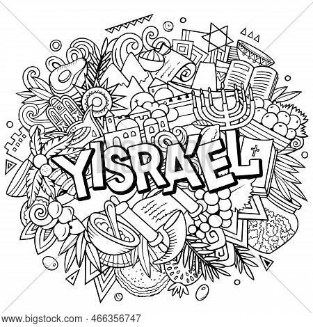Yisrael Israel Hand Drawn Cartoon Doodles Illustration. Funny Travel Design. Creative Art Vector Bac