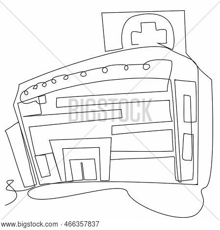 One Line Clinic Building In A Simple Doodle Style On White Background. Stock Vector Illustration Set