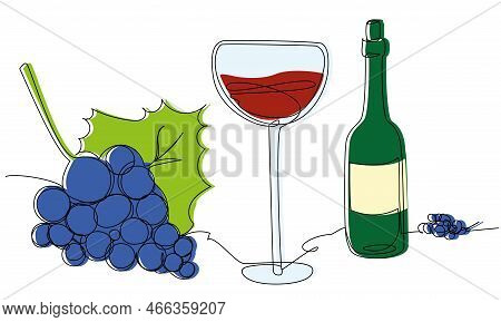 A Glass With A Long Stem, A Bottle Of Wine And Grons Of Grapes In One Line. Color Illustration With 