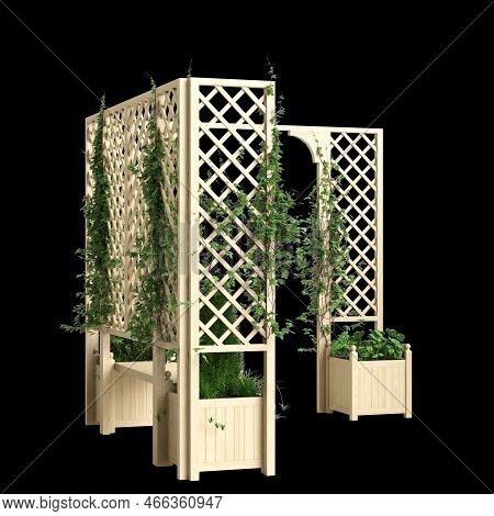 3d Illustration Of Bench Planter With Trellis Light Wooden Isolated On Black Background