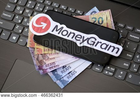 Ternopil, Ukraine - September 6, 2022 Moneygram Paper Logotype Lies On Black Laptop Keyboard With Br