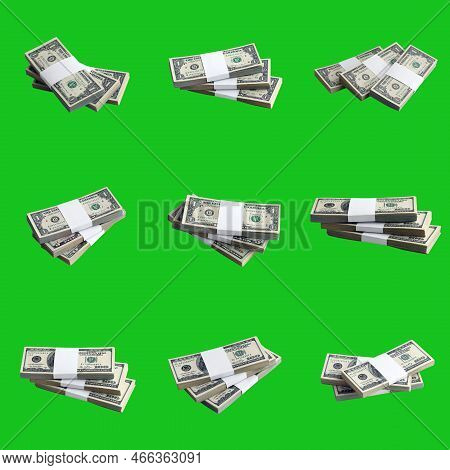 Big Set Of Bundles Of Us Dollar Bills Isolated On Chroma Key Green. Collage With Many Packs Of Ameri