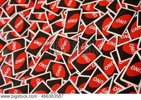 Ternopil, Ukraine - May 15, 2022: Many Colorful Uno Game Cards. Uno Is An American Shedding-type Car