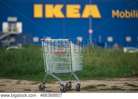 Bucharest, Romania - October 07, 2022: A Supermarket Shopping Cart Is Seen In Front Of Ikea Buchares