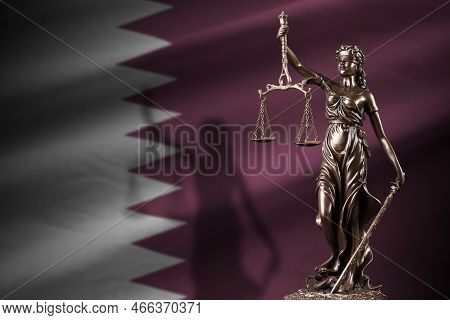 Qatar Flag With Statue Of Lady Justice And Judicial Scales In Dark Room. Concept Of Judgement And Pu