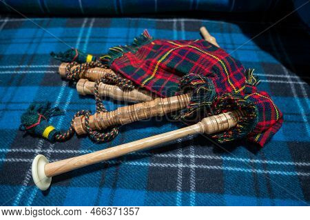 Symbols Of Scotland - Wollen Tartan Textile And Handmade Musical Instrument Bagpipes