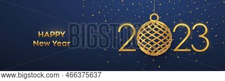 Happy New 2023 Year. Hanging Golden Metallic Numbers 2023 With Shining 3d Gold Ball Bauble And Confe