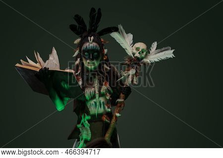 Mad Necromancer With Staff And Book Of Dead