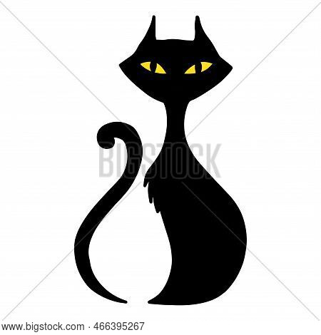 Cute Arrogant Black Cat Sitting With Yellow Eyes - Halloween. Simple Flat Cartoon Drawing , Isolated