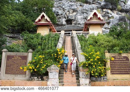 Antique Building Stair Of Wat Tham Khao Ngu Temple For Thai People Travel Visit Respect Praying Bles
