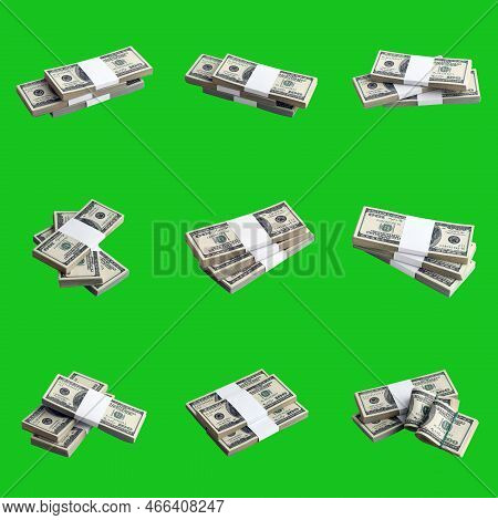 Big Set Of Bundles Of Us Dollar Bills Isolated On Chroma Key Green. Collage With Many Packs Of Ameri