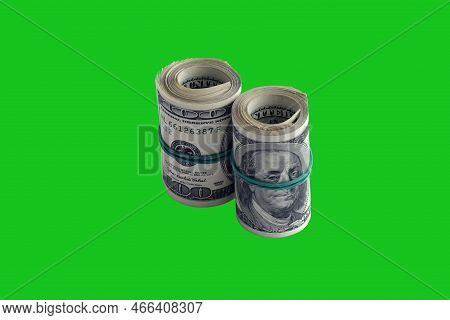Bundle Of Us Dollar Bills Isolated On Chroma Keyer Green. Pack Of American Money With High Resolutio