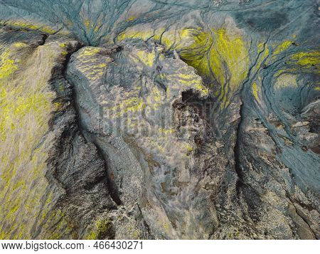 Aerial View Of Icelandic Volcanic Lands Covered With Patches Of Moss