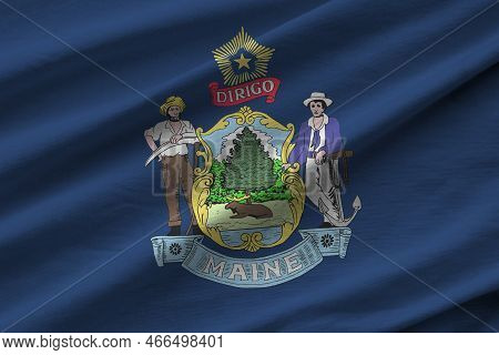 Maine Us State Flag With Big Folds Waving Close Up Under The Studio Light Indoors. The Official Symb