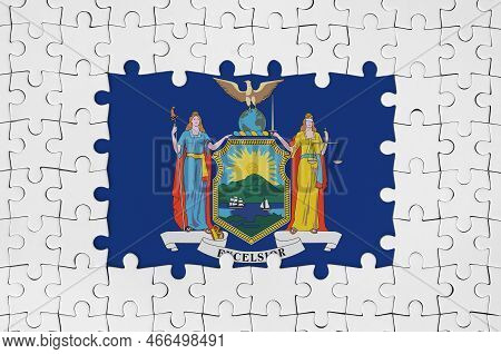 New York Us State Flag In Frame Of White Puzzle Pieces With Missing Central Parts