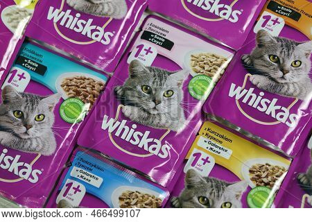 Kharkiv, Ukraine - February 06, 2021: Whiskas Branded Cat Pet Food Purple Packages Close Up. Whiskas