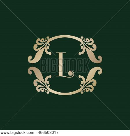 Letter L Alphabet Logo With Luxury Decorative Golden Frame. Elegant Curl Floral Ornament.