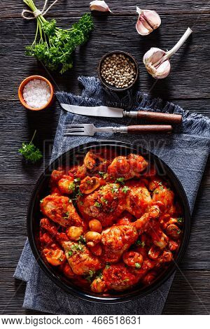 Chicken Chasseur, Poulet Saute Chasseur, Chicken Stew With Mushrooms In A Tomato And White Wine Sauc