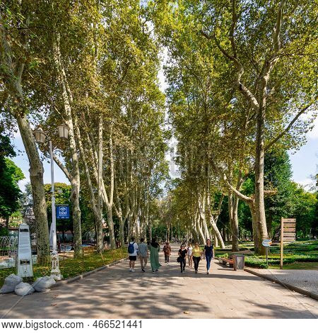 Istanbul, Turkey - August 30, 2022: Pedestrian Passage Surrounded With Huge Old Trees, With Few Pede